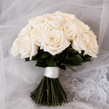 Load image into Gallery viewer, Classic Round Domain Bouquet for a bride in white rose. Close up image