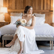 Load image into Gallery viewer, Peach Dahlia, Grandiflora Roses and Dusty Miller Bridal Bouquet by Floral Atelier Australia – soft blush and silver-toned hand-tied bouquet with layered seasonal flowers and muted foliage.