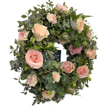 Load image into Gallery viewer, Floral wreath with pink and white flowers on a white background