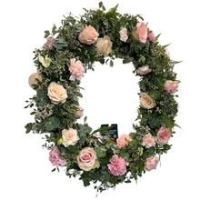 Load image into Gallery viewer, Floral wreath with pink and green flowers on a white background