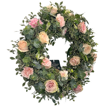 Load image into Gallery viewer, Floral wreath with pink and green flowers on a white background