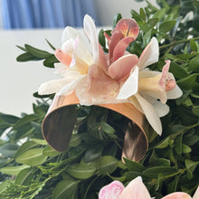 Load image into Gallery viewer, Elegant overview of the Rose Gold Orchid Corsage Cuff, showcasing the full design with two white and one dusty pink silk cymbidium orchids