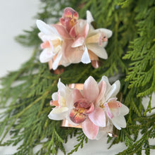 Load image into Gallery viewer, Close-up detail of the Rose Gold Orchid Corsage Cuff, highlighting the intricate silk orchids and the dried white hydrangea for a natural look.