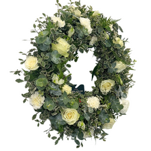 Load image into Gallery viewer, Floral wreath with greenery and white flowers on a white background