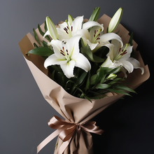 Load image into Gallery viewer, Image of Adelaide Oriental Lily Elegance bouquet by Adelaide Florist – A stunning display of White Oriental Lilies with long stems, exquisite fragrance, and large crown blooms. Available for flower delivery in Adelaide. Perfect for all occasions, from sympathy to congratulations.
