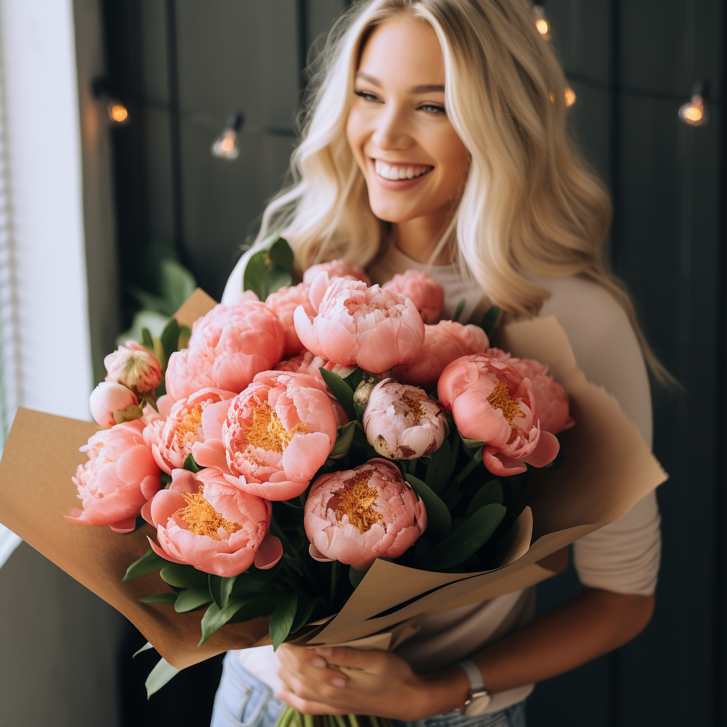 Coral Charm Peony Bouquet: A lush bouquet of Coral Charm peonies in full bloom, showcasing their captivating coral hue and elegant full cup shapes.