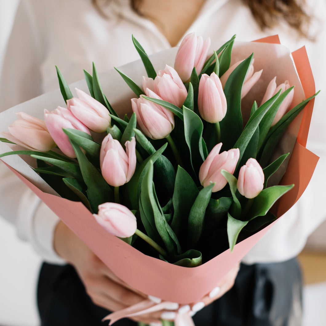  Image of Adelaide Pink Tulip Dream bouquet, showcasing 10 stems of pristine pink tulips elegantly wrapped and adorned with a ribbon, symbolizing purity and new beginnings.