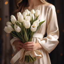 Load image into Gallery viewer, Image of Adelaide White Tulip Dream bouquet by Adelaide Florist – Pure elegance with 10 stems of white tulips, wrapped in ribbon. Available for flower delivery in Adelaide. Perfect for weddings, graduations, and special occasions
