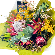 Load image into Gallery viewer, Featuring a stunning King Protea or Queen Protea from the Adelaide Hills, surrounded by a variety of seasonal flowers. 
