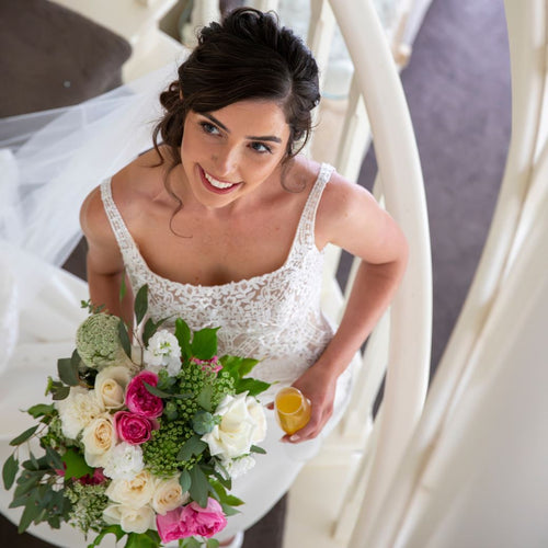Blushing Ivory bridal bouquet with Play Bianca roses, hot pink roses, lisianthus, and Queen Anne’s lace – Floral Atelier Australia, Adelaide wedding florist.