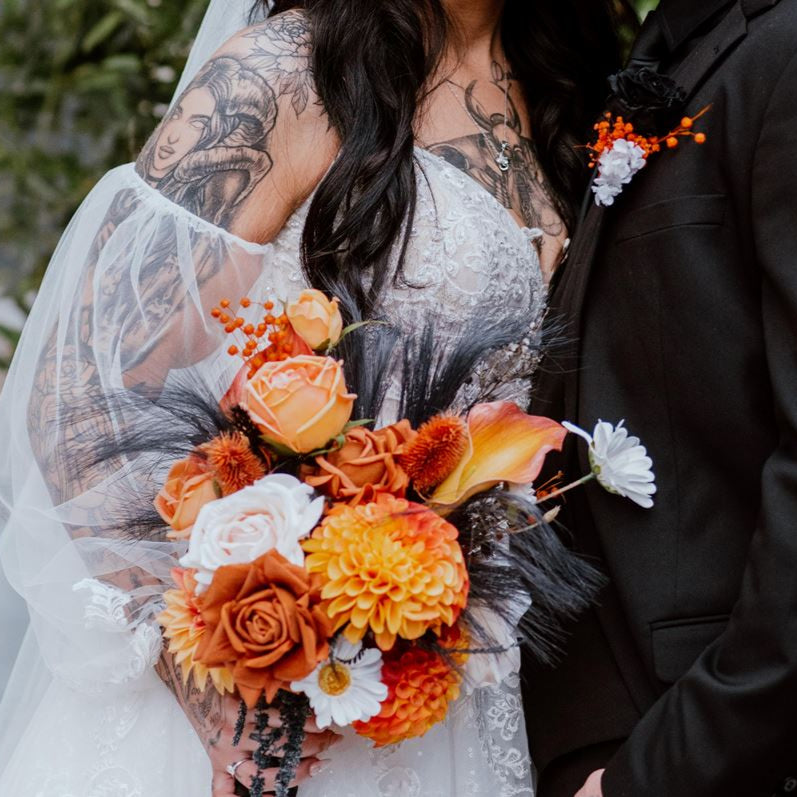Burnt orange and black artificial bridal bouquet with silk dahlias, roses, and calla lilies – Floral Atelier Australia, Adelaide wedding florist.