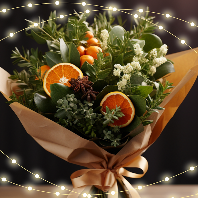 A beautifully arranged Christmas bouquet with fresh green foliage, accented by slices of bright orange and sprigs of festive spices like star anise. Wrapped in golden paper and tied with a satin ribbon, this bouquet evokes the warmth and charm of Christmas in Adelaide, blending natural elements with holiday spirit.