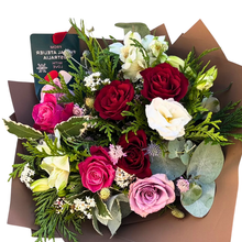 Load image into Gallery viewer, This bouquet features classic roses and seasonal flowers, tiny and playful in universally loved shades of red, soft pinks, and subtle tones.
