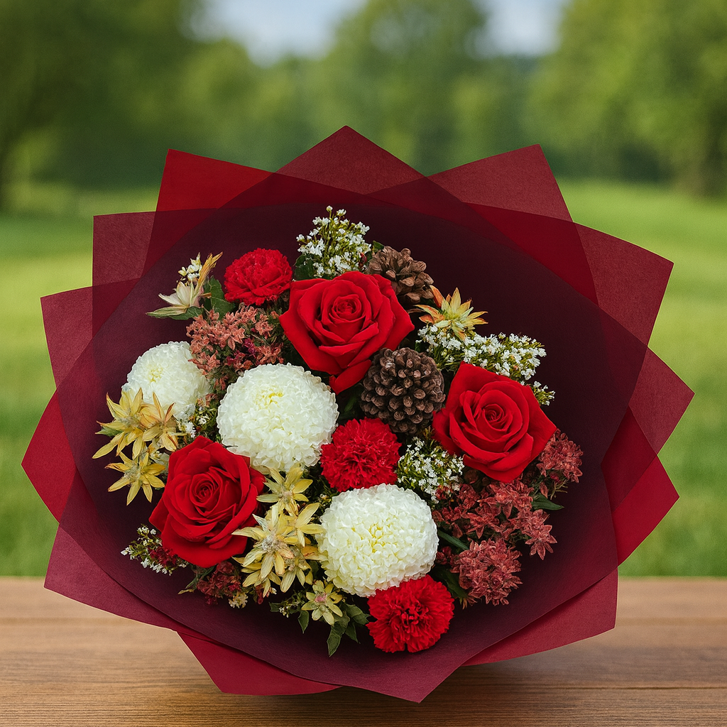 Bouquet of red and white flowers wrapped in red paper on a wooden surface with a blurred green background