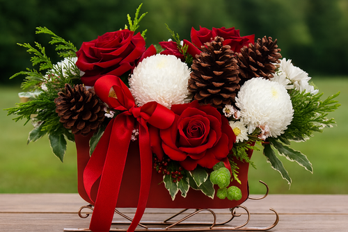 Decorative flower arrangement with red roses, white berries, and pinecones on a small sled with a red ribbon against a blurred green outdoor background.