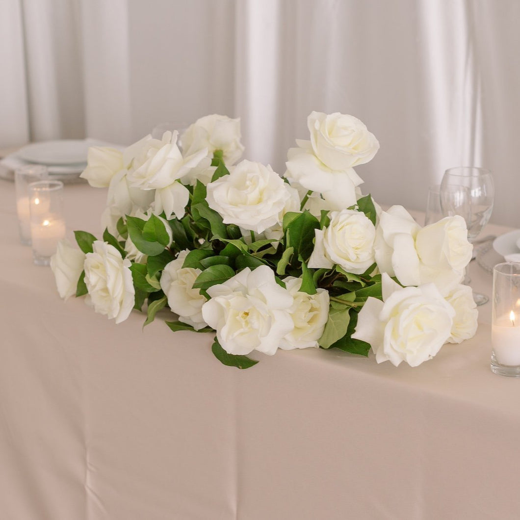 White Roses Long and Low Bridal Table Arrangement | Floral Atelier Australia