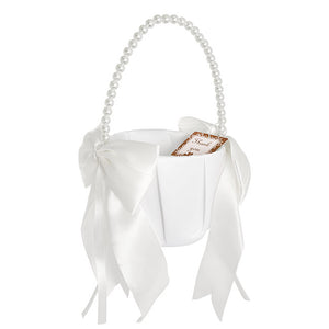 White flower girl basket with pearl handle and satin bows – Floral Atelier Australia, Adelaide wedding florist.