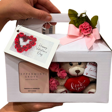 Load image into Gallery viewer, Gift One featuring a mini plush teddy bear holding a red &#39;Love You&#39; heart and a Peppermint Grove Australia mini soy candle, beautifully packaged in a white gift box with silk flowers and a Valentine’s Day card. A sweet and thoughtful gift for any special occasion.
