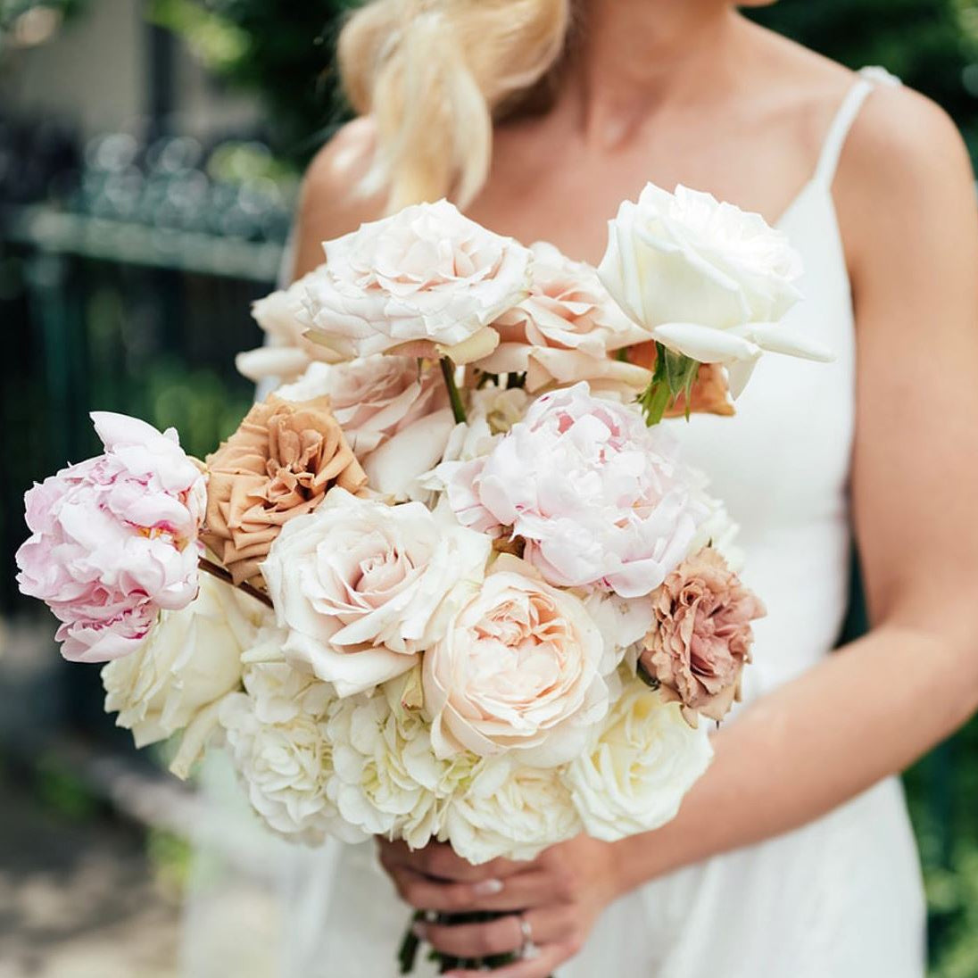 Ivory, Blush & Toffee Rose with Peony Bridal Bouquet by Floral Atelier Australia – hand-tied design with premium Ecuador roses, peonies, and hydrangeas in soft, sculptural form.