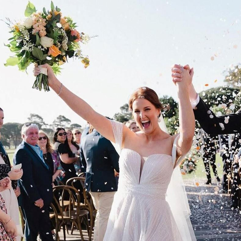 Joy in Bloom bridal bouquet with apricot roses, tulips, baby’s breath, and soft green blooms – Floral Atelier Australia, Adelaide wedding florist.