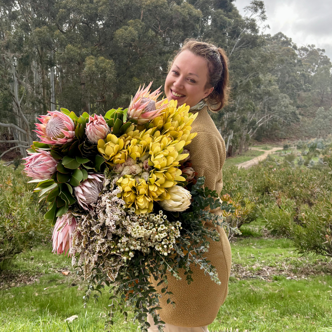 Close-up of King Protea with Australian native foliage and blooms, deluxe floral gift, Floral Atelier Australia, Adelaide