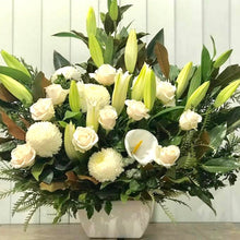 Load image into Gallery viewer, White-large-roses-cala-lilies-chrysantemums-for-funeral
