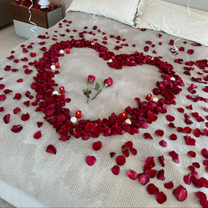 Red rose petals forming a romantic heart on the bed with scattered petals creating a soft pathway, styled using 1 bag of petals from Floral Atelier Australia.