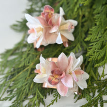 Load image into Gallery viewer, Close-up detail of the Rose Gold Orchid Corsage Cuff, highlighting the intricate silk orchids and the dried white hydrangea for a natural look.
