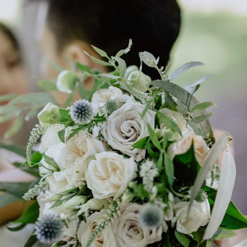 Silver Whisper bridal bouquet with white Play Bianca roses, antique mauve roses, eucalyptus, and blue thistle – Floral Atelier Australia, Adelaide wedding florist.