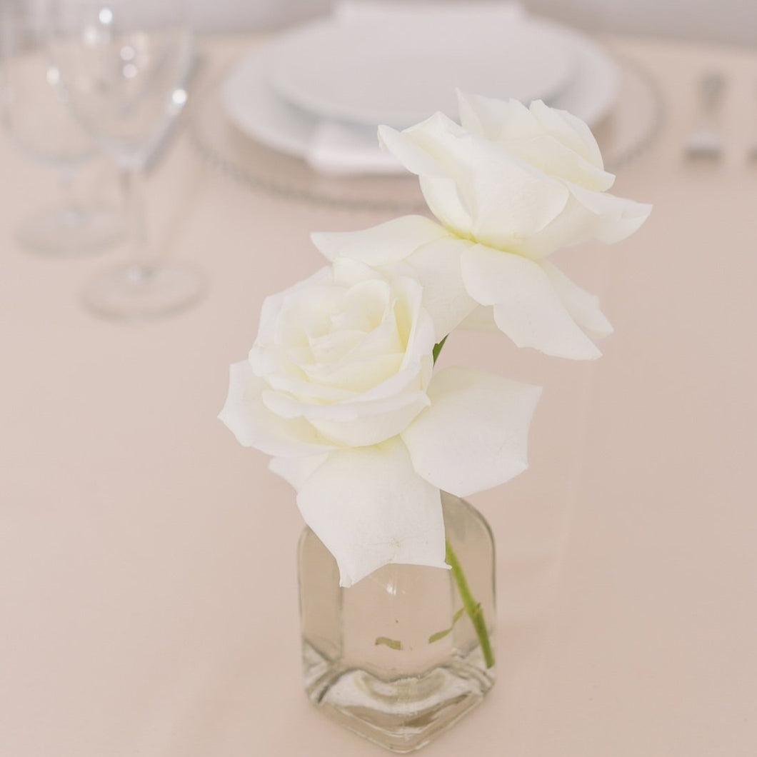 Small white roses centerpiece in bud vase – Floral Atelier Australia, Adelaide wedding florist.