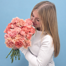 Load image into Gallery viewer, Woman holding a bouquet of pink flowers against a blue background
