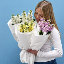 Load image into Gallery viewer, Woman holding three bouquets of flowers against a blue background
