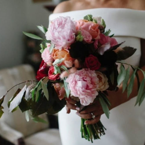 Romantic pink peony bridal bouquet with garden roses, peach bunny tails, and moody foliage – Floral Atelier Australia, Adelaide wedding florist.