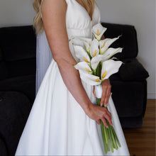 Load image into Gallery viewer, Adelaide bride in a white dress holding a bouquet of white calla lily

