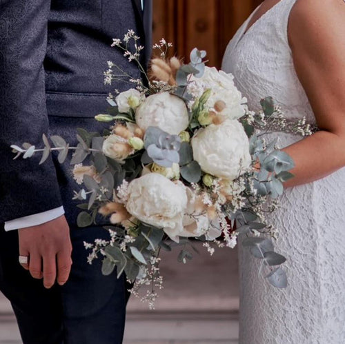 White peony and blue gum bridal bouquet with preserved accents – Floral Atelier Australia, Adelaide wedding florist