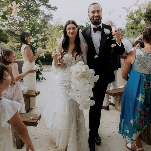 White cascading orchid and rose bridal bouquet – modern wedding flowers by Adelaide florist Floral Atelier Australia