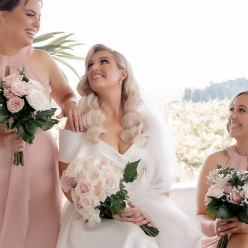 White and pink bridal bouquet with sculptural Ecuador roses, created by Floral Atelier Australia, wedding florist in Adelaide.