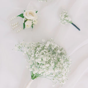Baby’s breath wedding boutonnière – fresh white gypsophila by Floral Atelier Australia, Adelaide