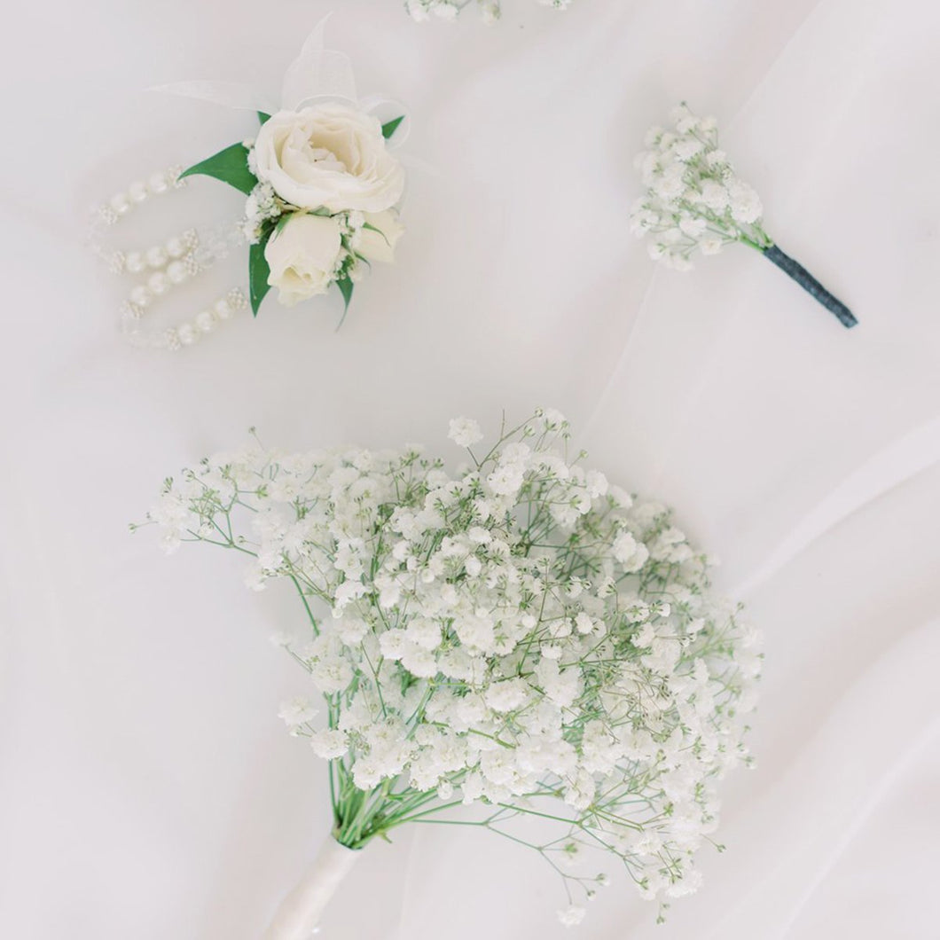 Baby’s breath wedding boutonnière – fresh white gypsophila by Floral Atelier Australia, Adelaide