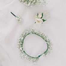 Load image into Gallery viewer, Close-up of baby’s breath flower crown worn by flower girl – Floral Atelier Australia, Adelaide wedding florist.
