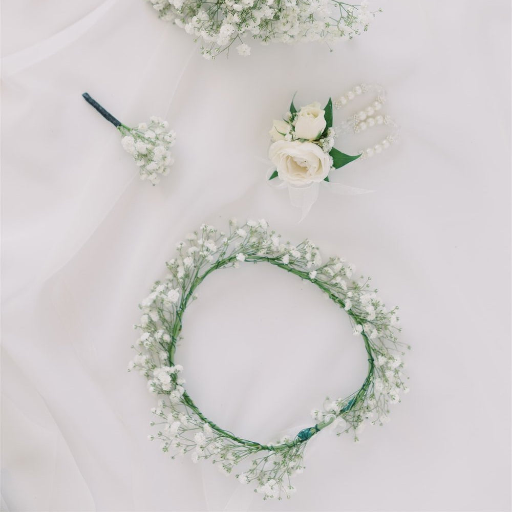Close-up of baby’s breath flower crown worn by flower girl – Floral Atelier Australia, Adelaide wedding florist.