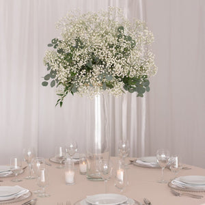 Tall baby’s breath centerpiece in a clear glass vase – Floral Atelier Australia, Adelaide wedding florist.