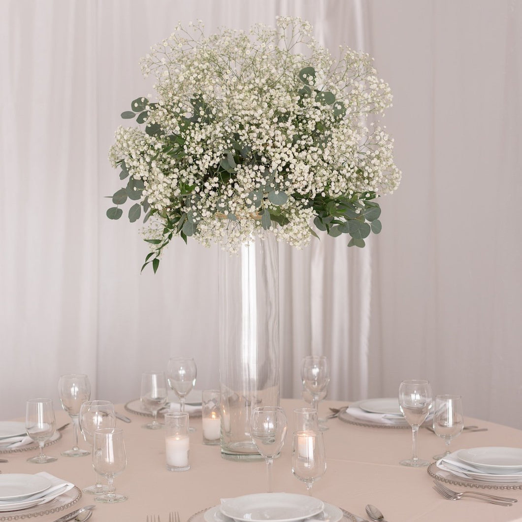 Tall baby’s breath centerpiece in a clear glass vase – Floral Atelier Australia, Adelaide wedding florist.