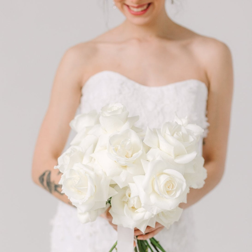 Bridal bouquet made of fresh white roses – elegant and minimal style by Floral Atelier Australia, Adelaide wedding florist