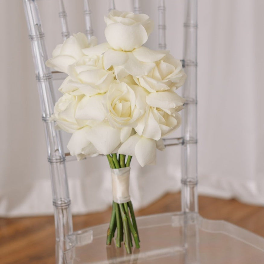 Bridesmaid bouquet of fresh white roses – soft, minimalist wedding flowers by Floral Atelier Australia, Adelaide.