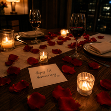 Load image into Gallery viewer, Fresh red rose petals for a first anniversary romantic dinner at home, candlelit table styling idea by Floral Atelier Australia Adelaide florist and rose petal delivery service.
