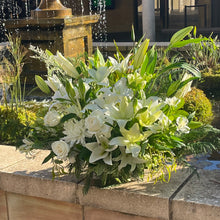 Load image into Gallery viewer, Pure Life Arrangement – extra large white and green funeral flowers with roses, lilies, and green foliage, Adelaide florist delivery
