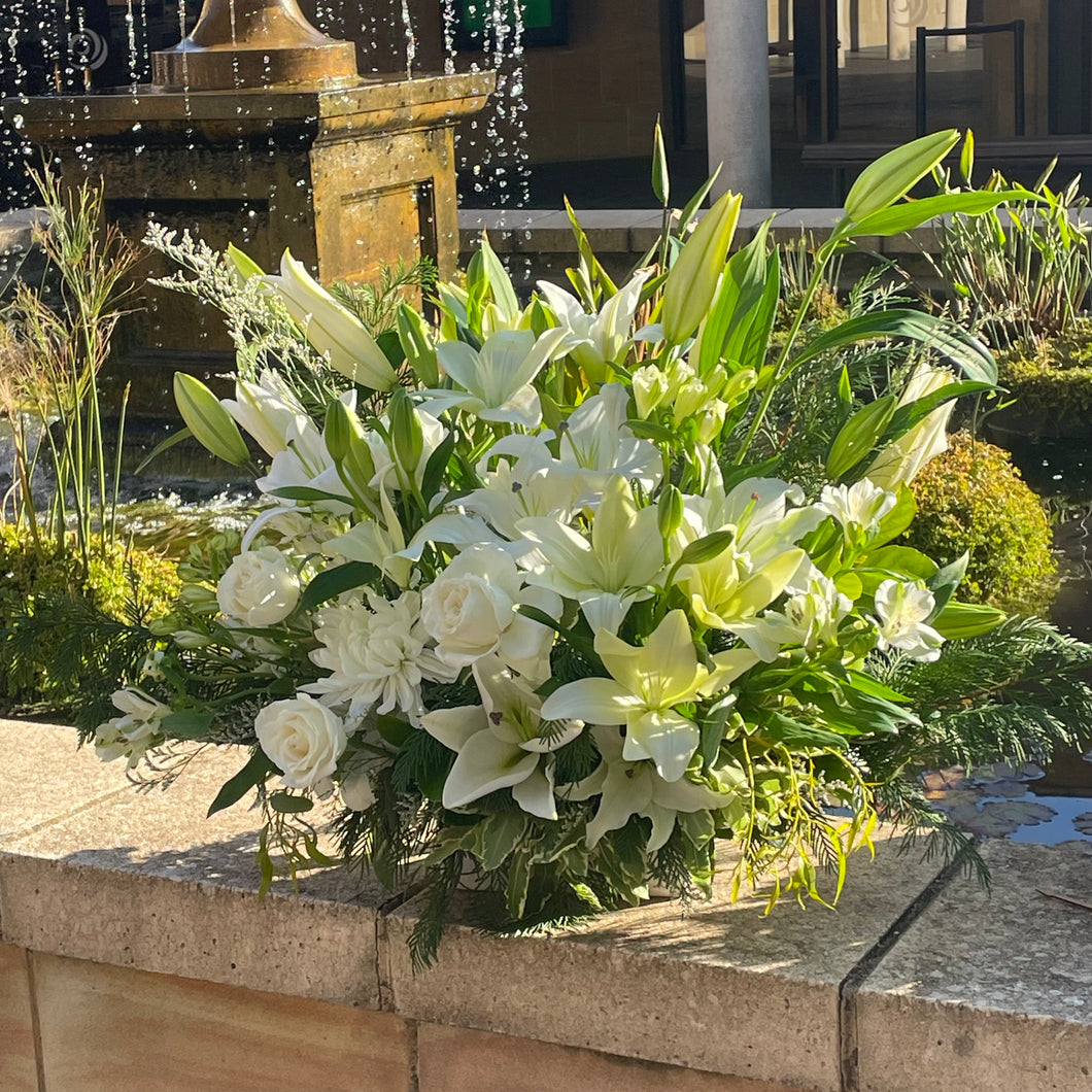 Pure Life Arrangement – extra large white and green funeral flowers with roses, lilies, and green foliage, Adelaide florist delivery