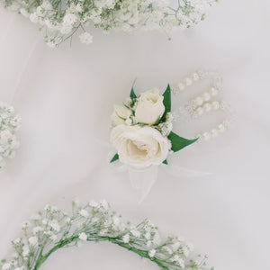 White rose and baby’s breath wrist corsage with pearl bracelet – Floral Atelier Australia, Adelaide wedding florist.