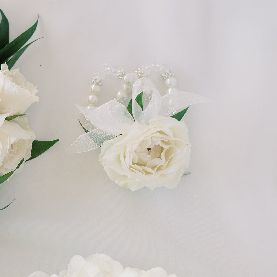 White rose wrist corsage with pearl bracelet – Floral Atelier Australia, Adelaide wedding florist